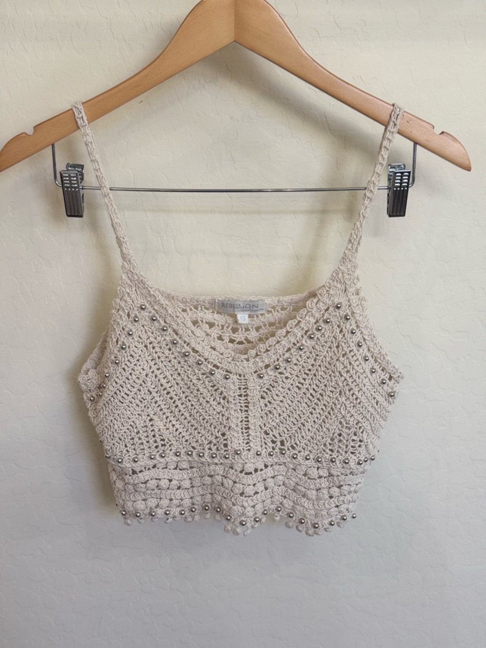 Rebellion Boho Crochet Crop Top - Cream Beaded Festival Tank Medium Boho/Y2K